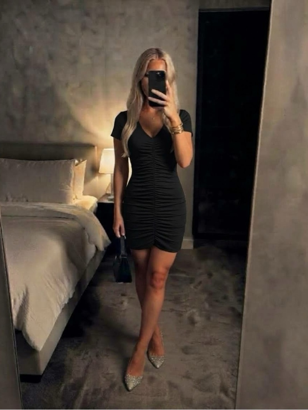Zara Black Ruched V-Neck Bodycon Mini Dress Short Sleeve Small LBD